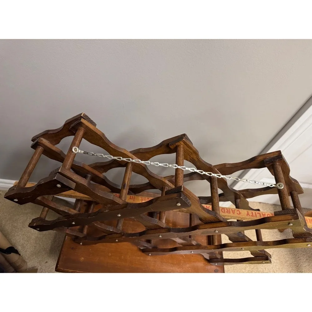 Vintage Mid Century Modern Accordion Wood Wine Rack with Chain Expandable MCM